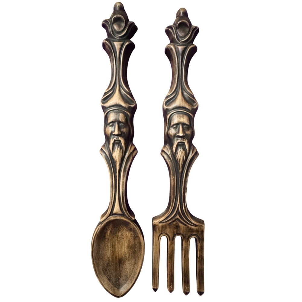 Vintage Arnels Brown Spoon Fork Set MCM Ceramic Wall Decor Bearded Face Signed